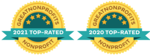 Two award badges from greatnonprofits stating that The Arc of Aurora is a 2020 and 2021 top rated non profit